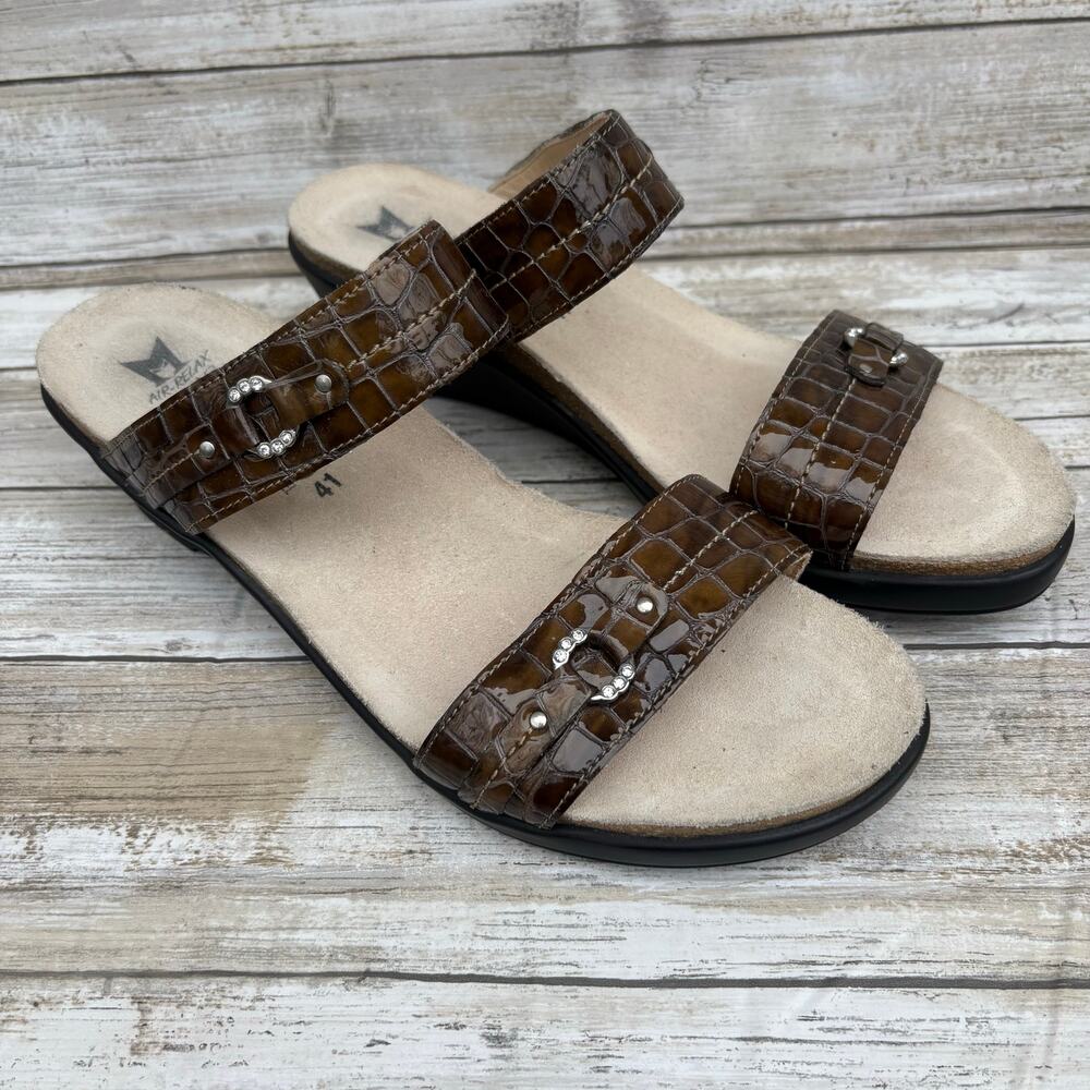 Mephisto Naiade Sandals Sz 41/US 11 Brown Croc Embossed Leather Comfort Casual